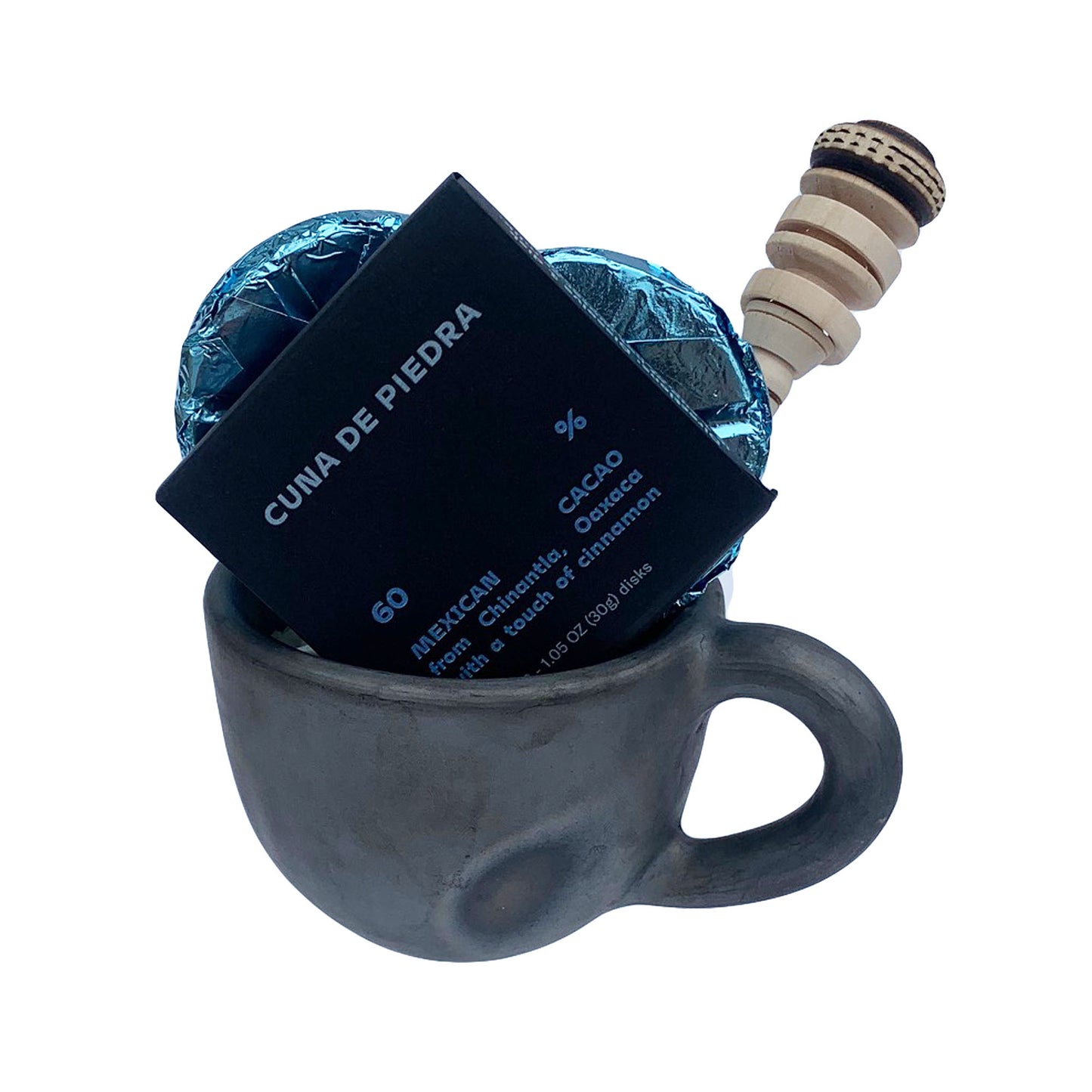 Mexican Hot Chocolate Gift Set wtih Black Clay Mug, Mini Molinillo and Drinking Chocolate Disks
