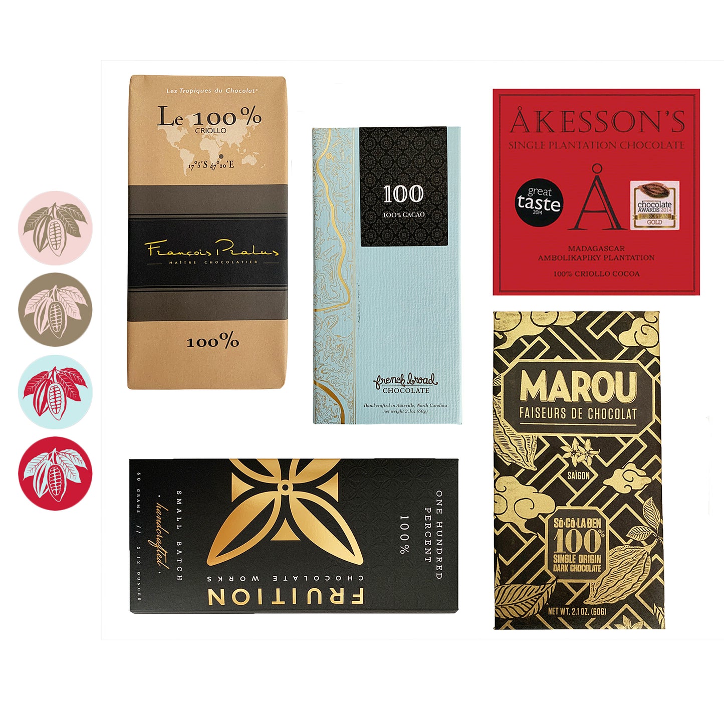 100% Cacao Dark Chocolate Bar Bundle (Variety Pack of 5)