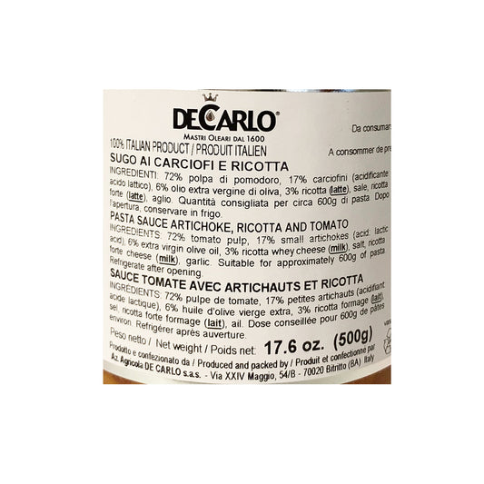 DeCarlo Tomato, Artichoke and Ricotta Cheese Pasta Sauce (Carciofi e Ricotta) 17.6 Ounce