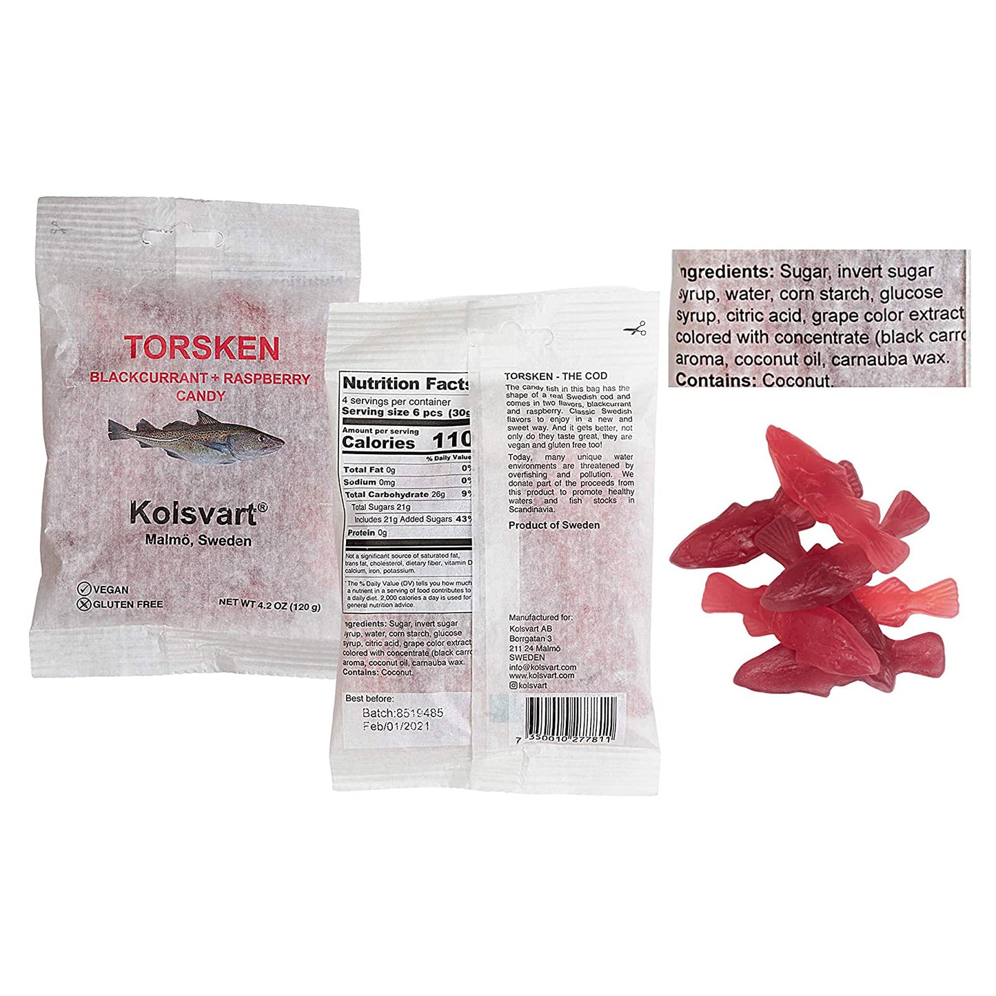 Kolsvart Swedish Fish Candy Variety Pack - Raspberry, Blackcurrant & Raspberry, Sour Blueberry, Sour Raspberry, Elderflower (Pack of 5)