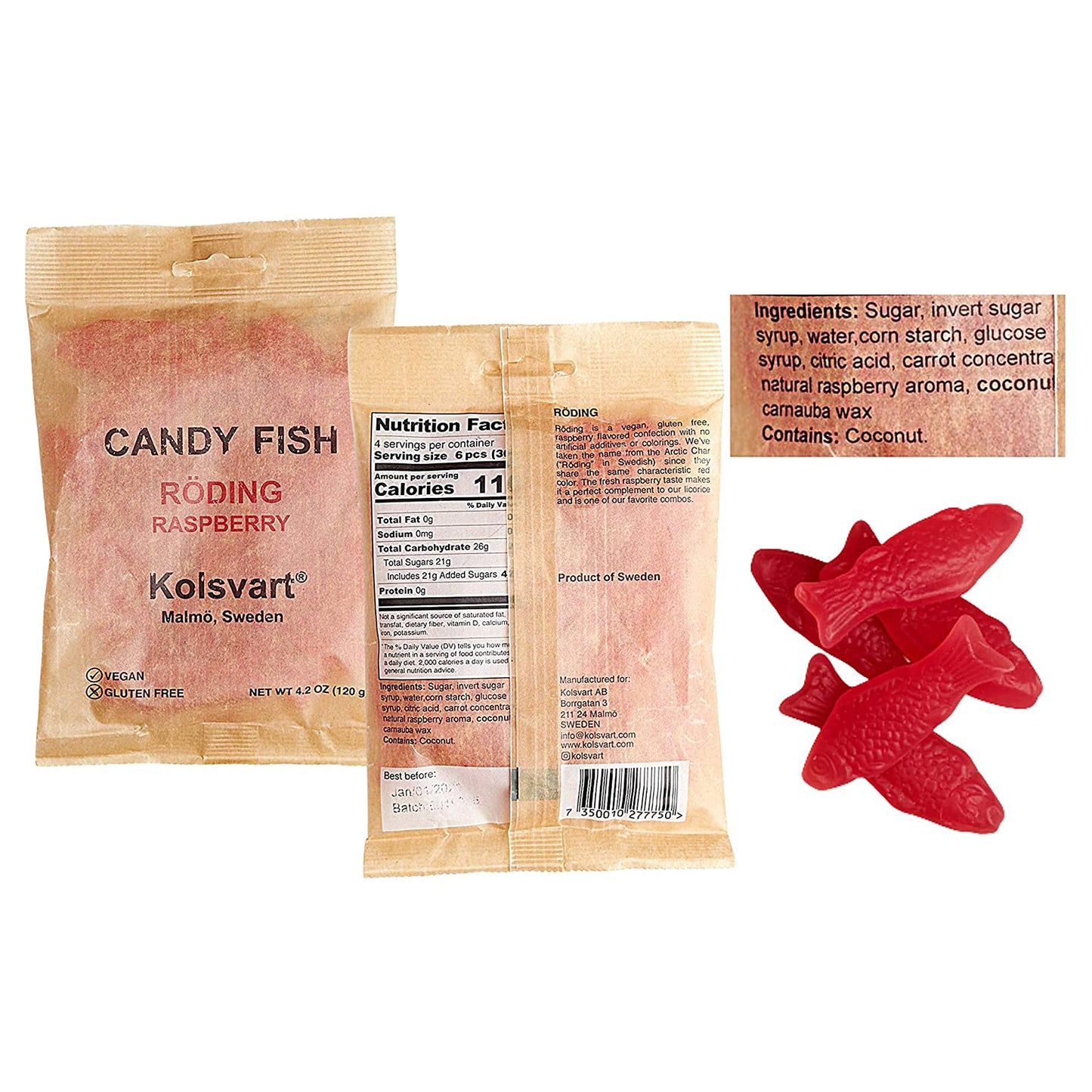 Kolsvart Swedish Fish Candy Variety Pack - Raspberry, Blackcurrant & Raspberry, Sour Blueberry, Sour Raspberry, Elderflower (Pack of 5)