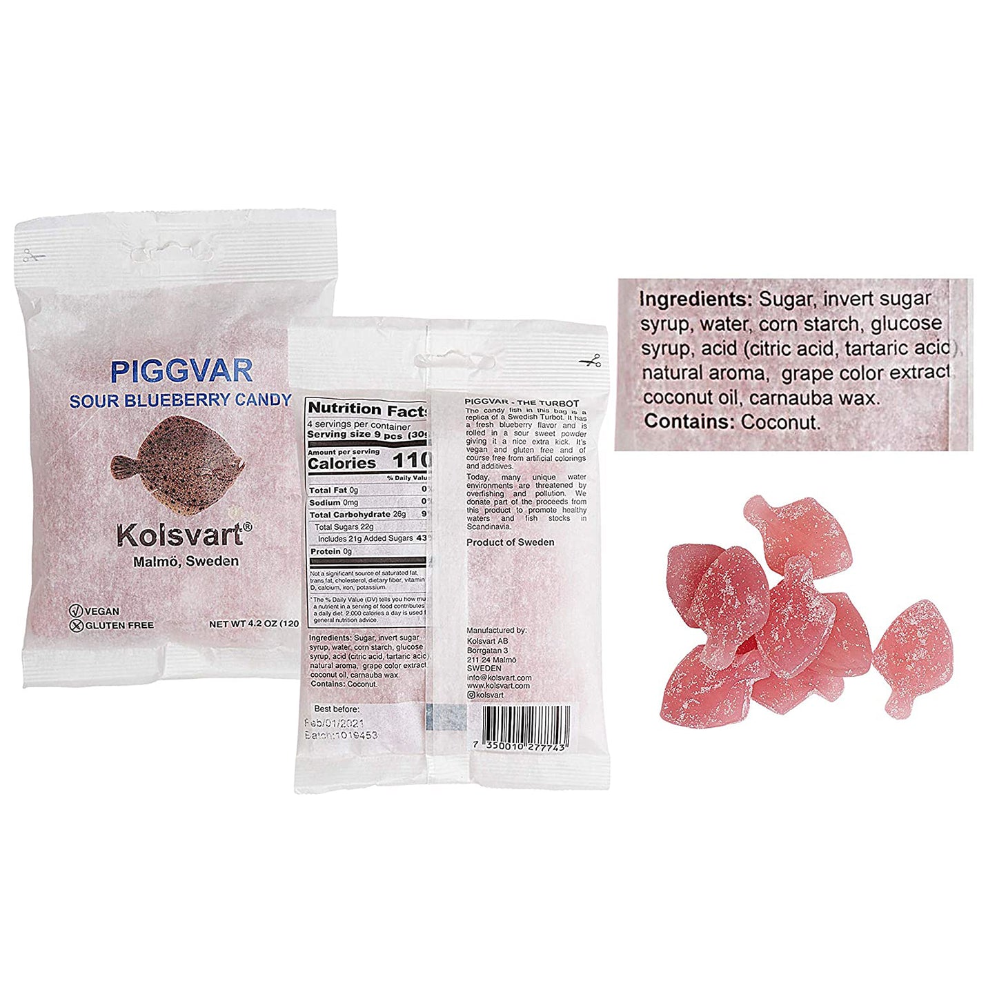 Kolsvart Swedish Fish Candy Variety Pack - Raspberry, Blackcurrant & Raspberry, Sour Blueberry, Sour Raspberry, Elderflower (Pack of 5)