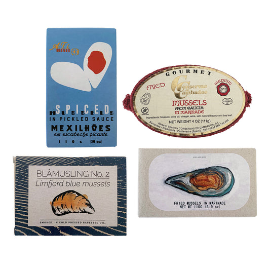 Premium Tinned Mussels Variety Pack - Includes Fried, Marinated, Smoked + Spicy Mussels (Variety Pack of 4)