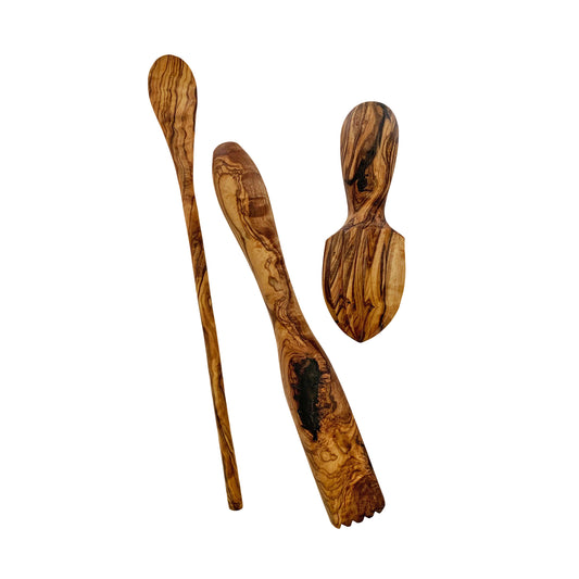Olive wood Bar Tool Set - Includes Olive wood Muddler, Citrus Reamer and Stirring Spoon (Set of 3)