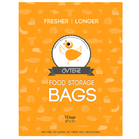 OVTENE Food Storage Bags for Cheese, Meat, and Produce - Keeps Food Fresher Longer (12 Large Bags 10”x15”)