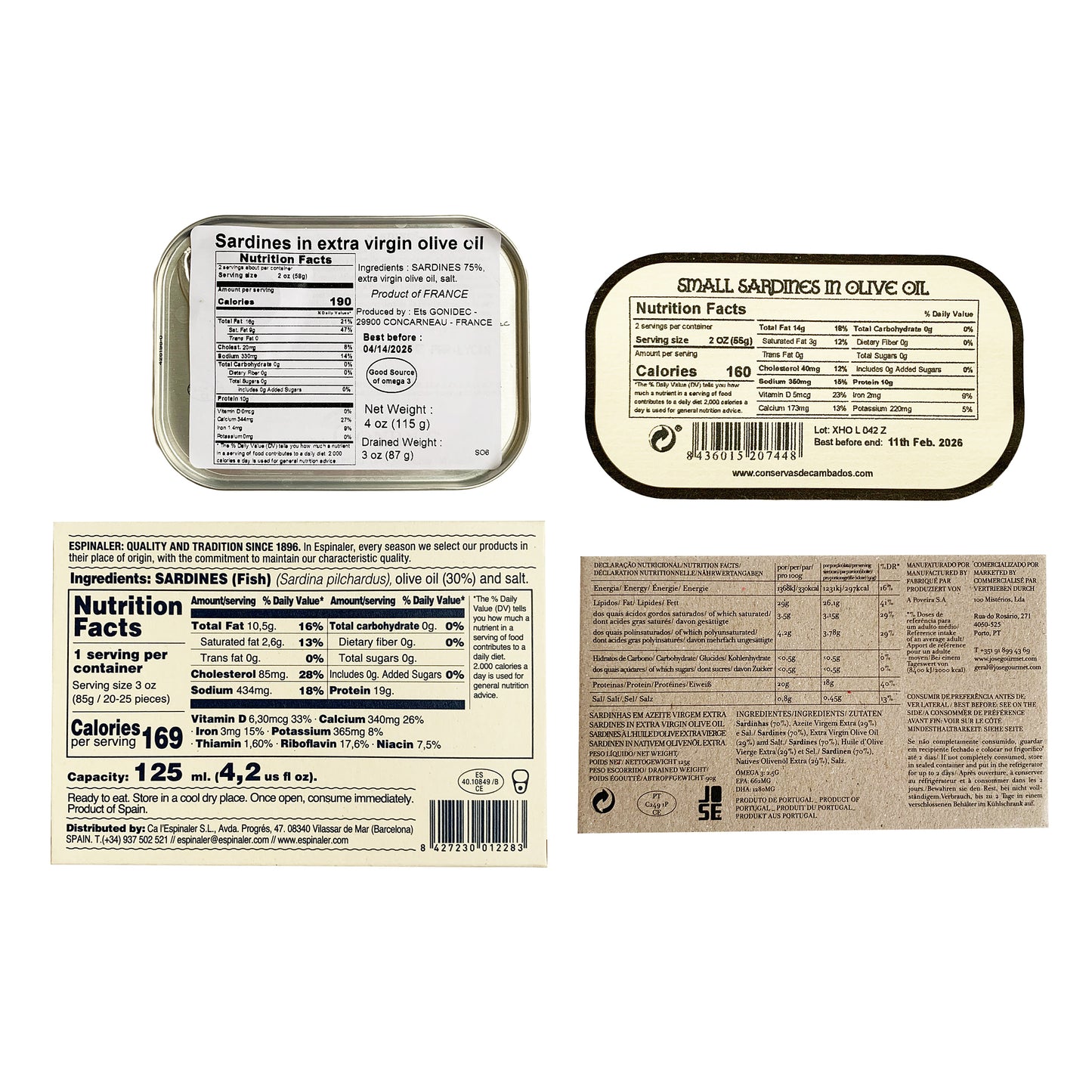 Premium Sardines Variety Pack - Includes Sardines from Les Mouettes D’arvor, Conservas de Cambados, Jose Gourmet, and Espinaler (4 items)