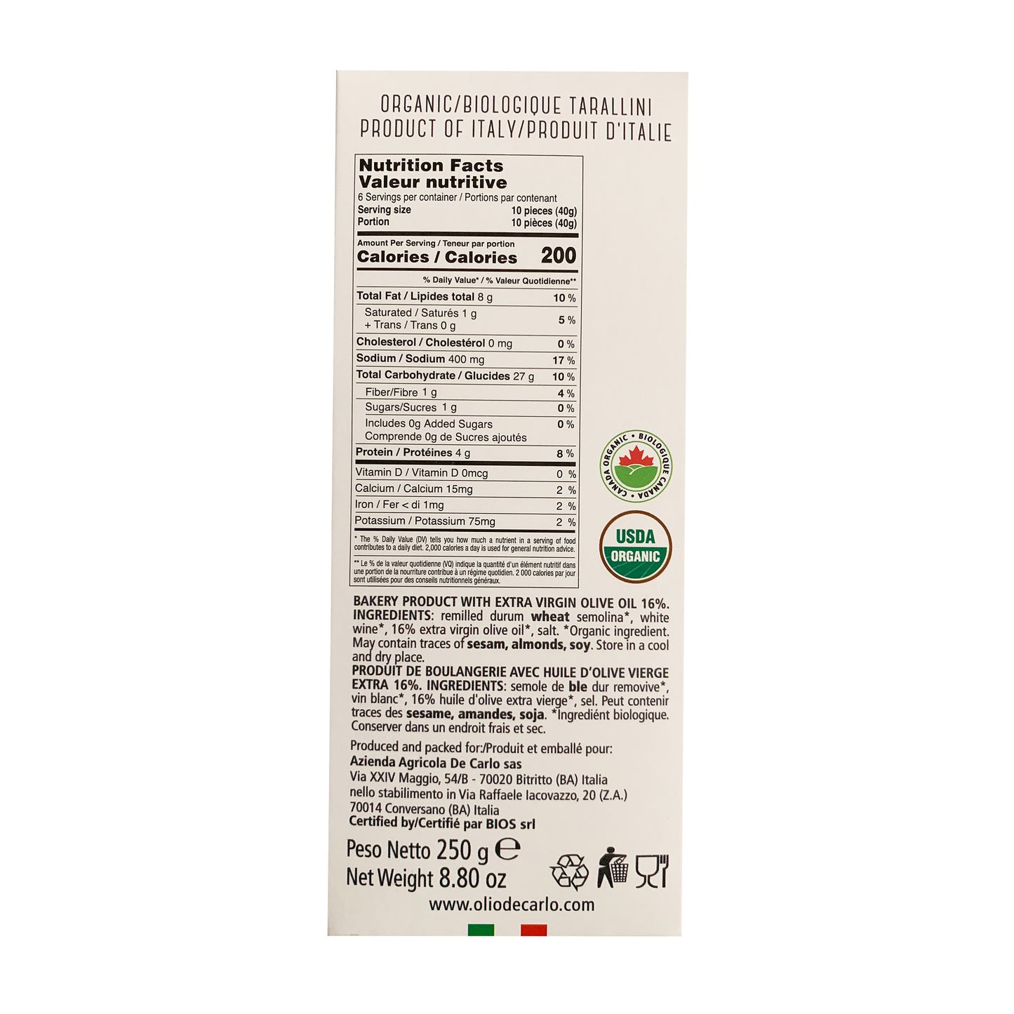 DeCarlo USDA Tarallini orgánico con granos antiguos de Pugliesi y aceite de oliva virgen extra - 250 g