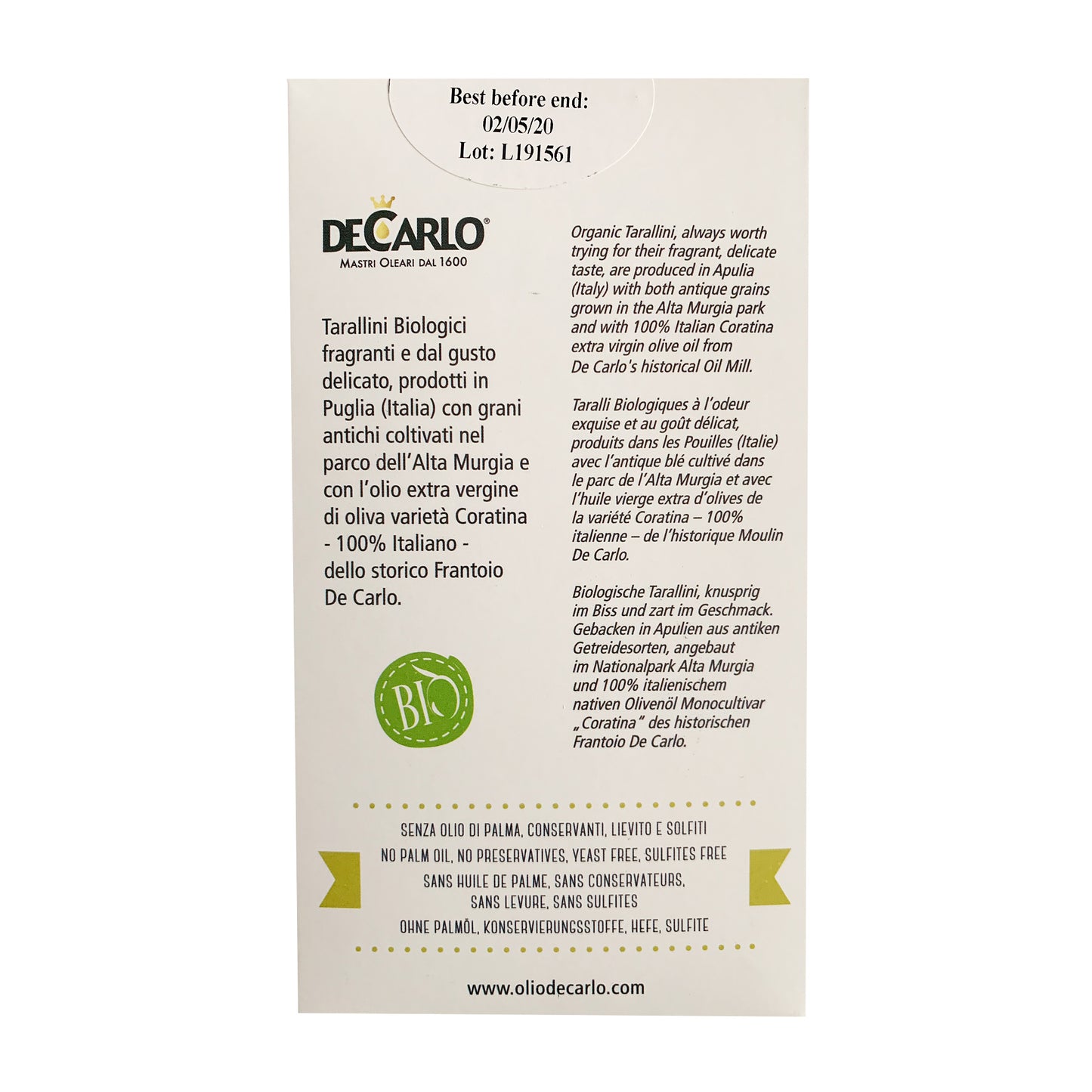 DeCarlo USDA Tarallini orgánico con granos antiguos de Pugliesi y aceite de oliva virgen extra - 250 g
