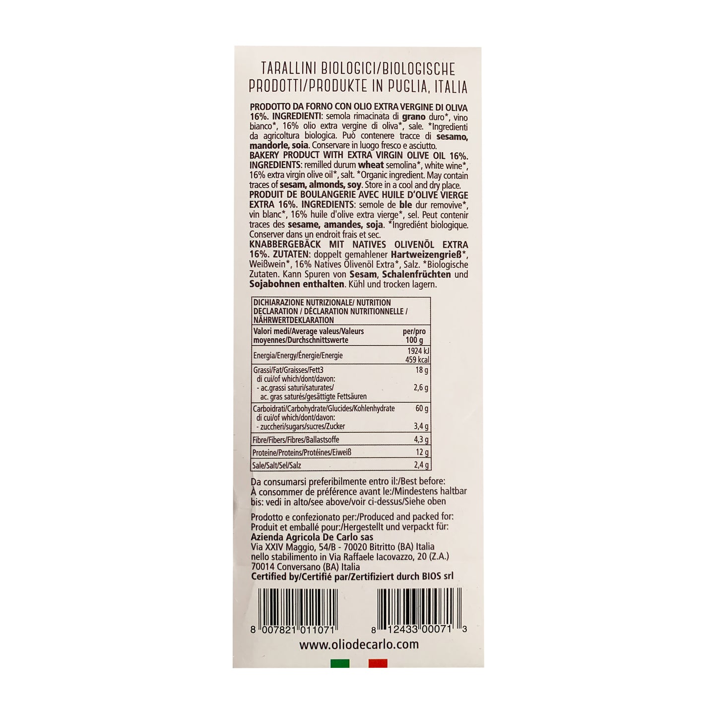 DeCarlo USDA Tarallini orgánico con granos antiguos de Pugliesi y aceite de oliva virgen extra - 250 g