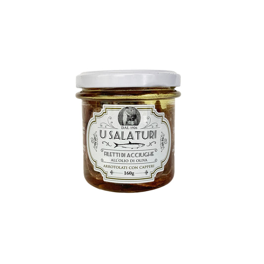 U SALATURI Filetes de Anchoas con Alcaparras Laminados a Mano 160 Gramos