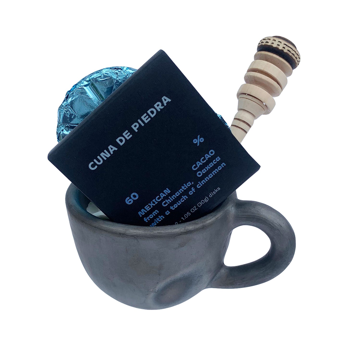 Set de regalo de chocolate caliente mexicano con taza de barro negro, mini molinillo y discos de chocolate para beber