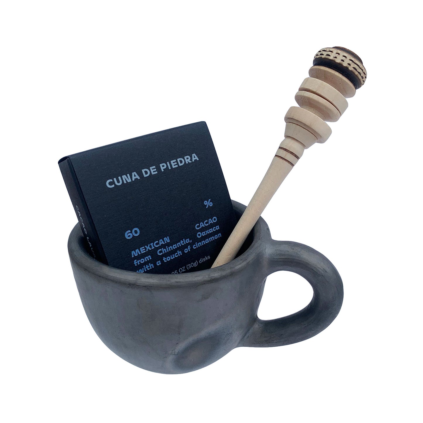 Mexican Hot Chocolate Gift Set wtih Black Clay Mug, Mini Molinillo and Drinking Chocolate Disks