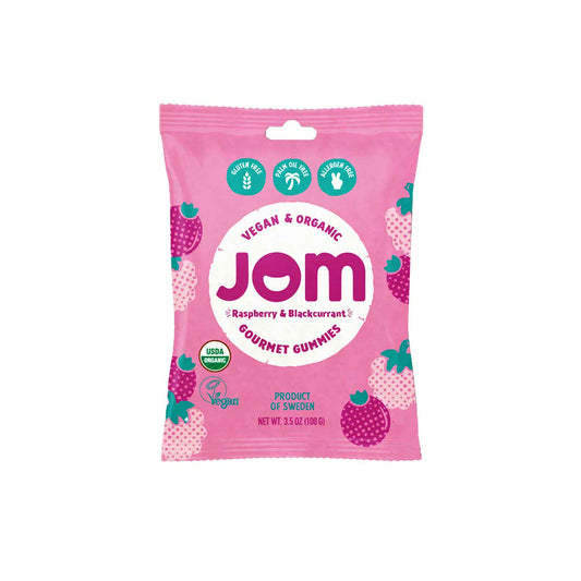 JOM Gourmet Gummies - Caramelo vegano y orgánico de Suecia (frambuesa + grosella negra) 3.5oz