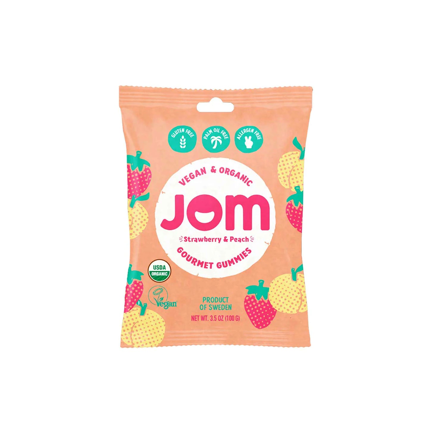 JOM Gourmet Gummies - Caramelo vegano y orgánico de Suecia (fresa + melocotón) 3.5oz