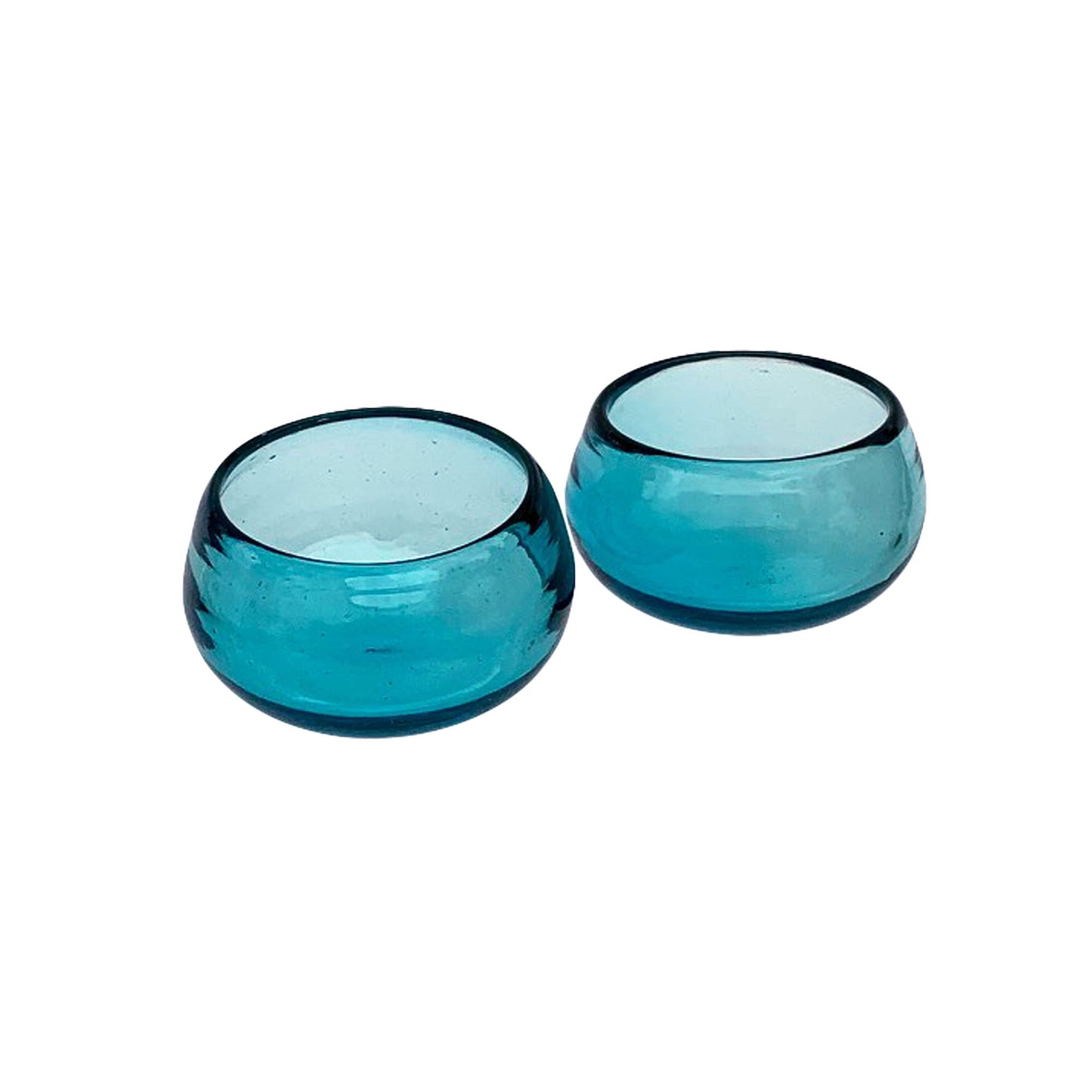 Mexican Hand Blown Recycled Glass Copitas for Mezcal or Tequila | Handmade Wide Mouth Shot Glasses in Turquoise Blue