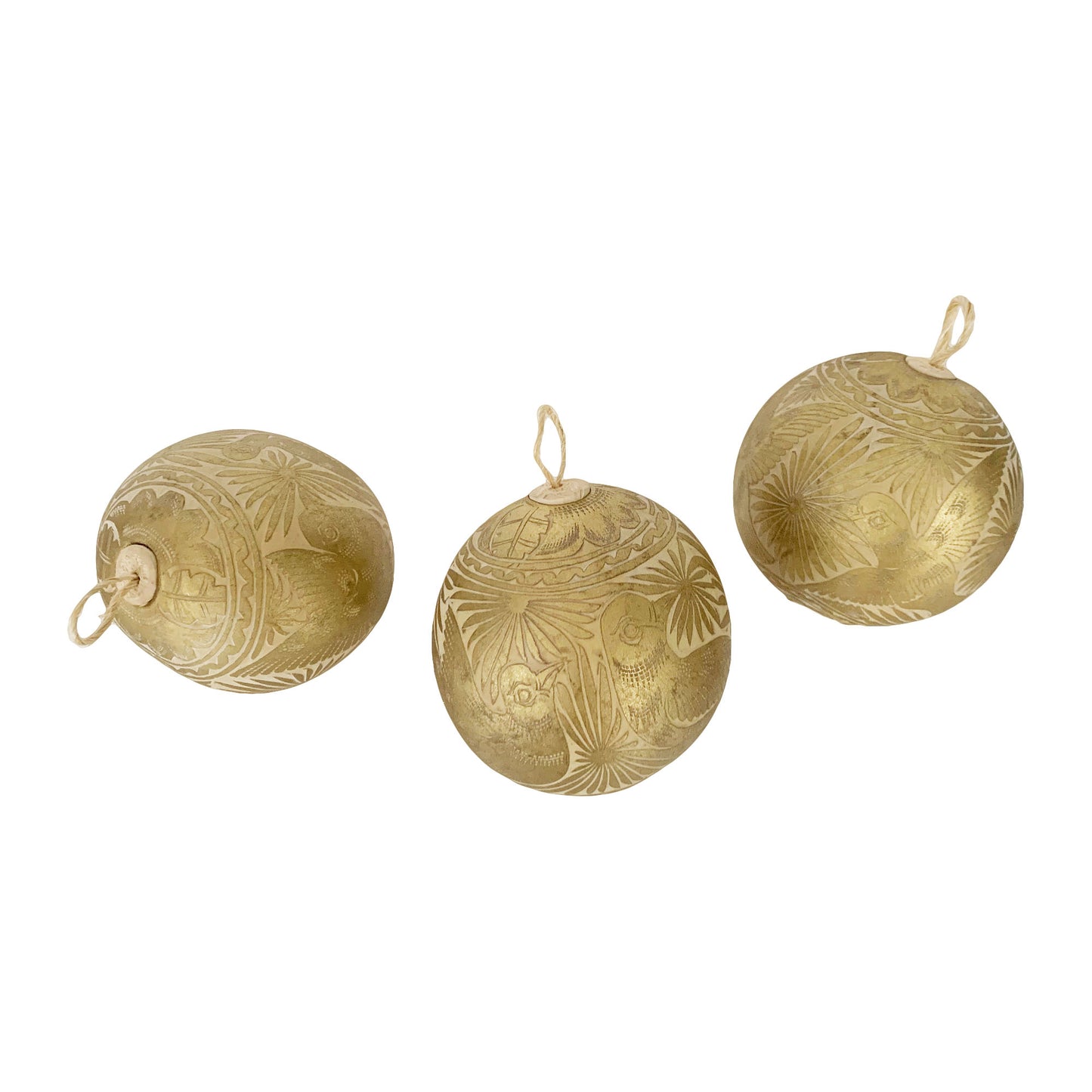 Hand Carved Jicara Gourd Ornaments from Mexico in Silver, White and Gold