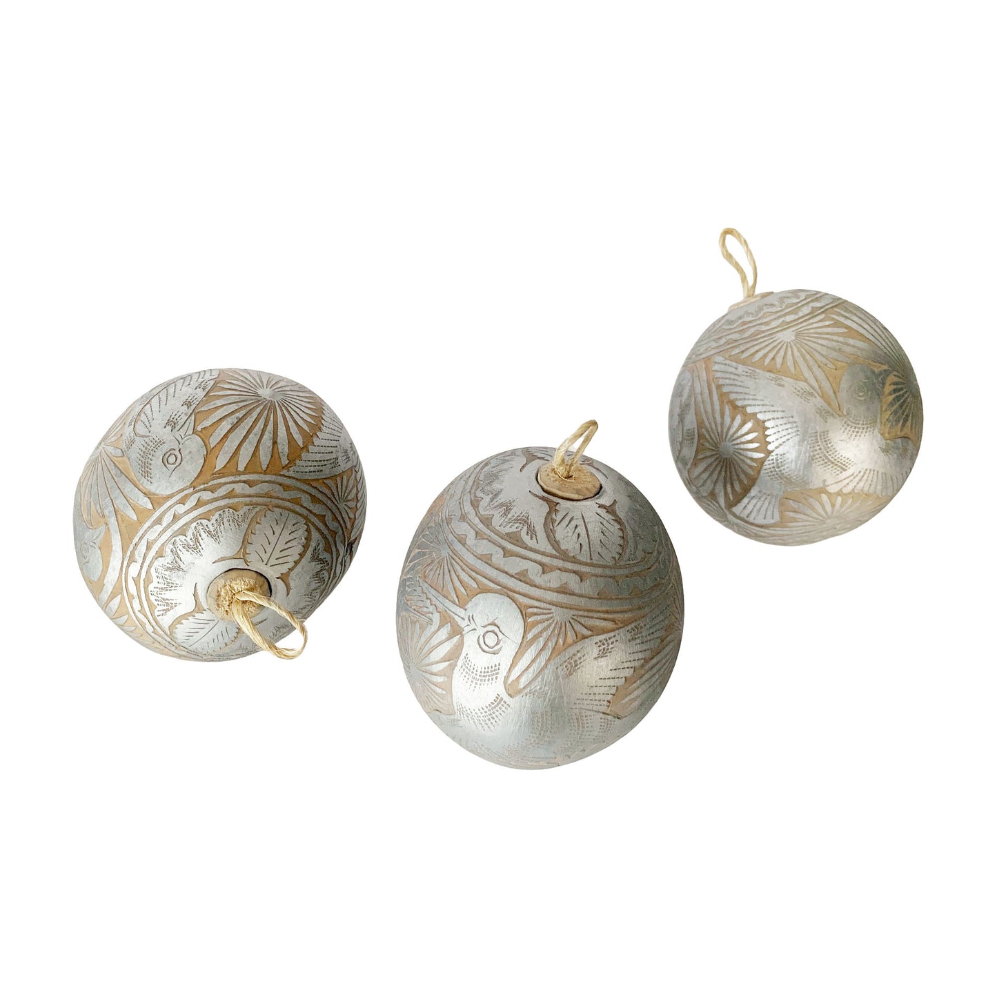 Hand Carved Jicara Gourd Ornaments from Mexico in Silver, White and Gold