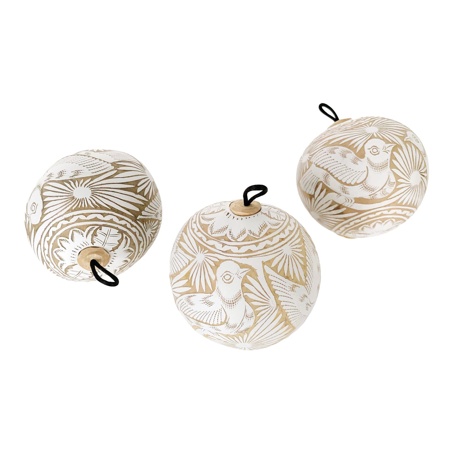 Hand Carved Jicara Gourd Ornaments from Mexico in Silver, White and Gold