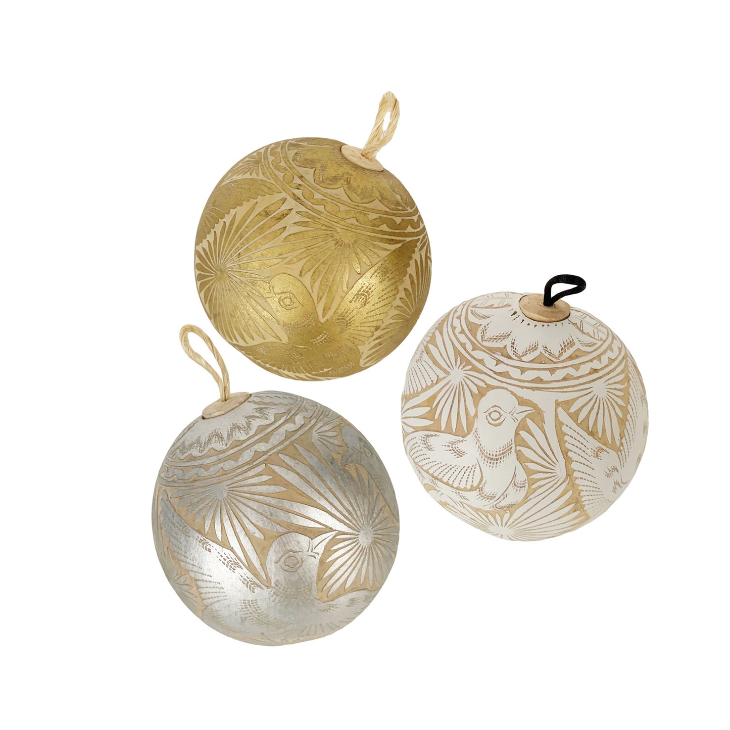 Hand Carved Jicara Gourd Ornaments from Mexico in Silver, White and Gold