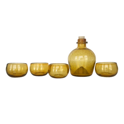 Handblown Glass Waspcatcher Bottle Set for Mezcal or Tequila | Includes 4 mezcal copitas | Handmade in Mexico | Handmade in Mexico (Available in Clear, Smoke + Amber)