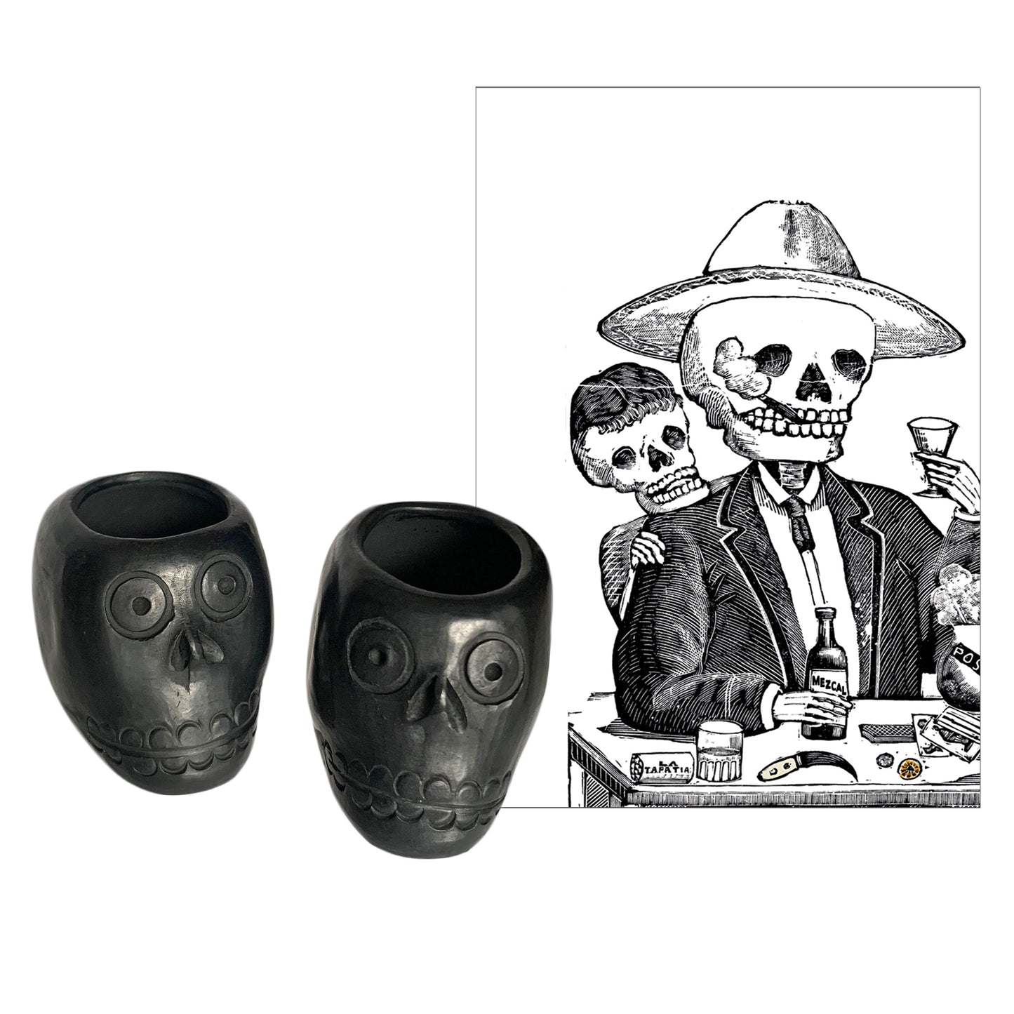 Vasos de chupito con calavera de arcilla negra fabricados en México, capacidad de 3 oz (juego de 2)