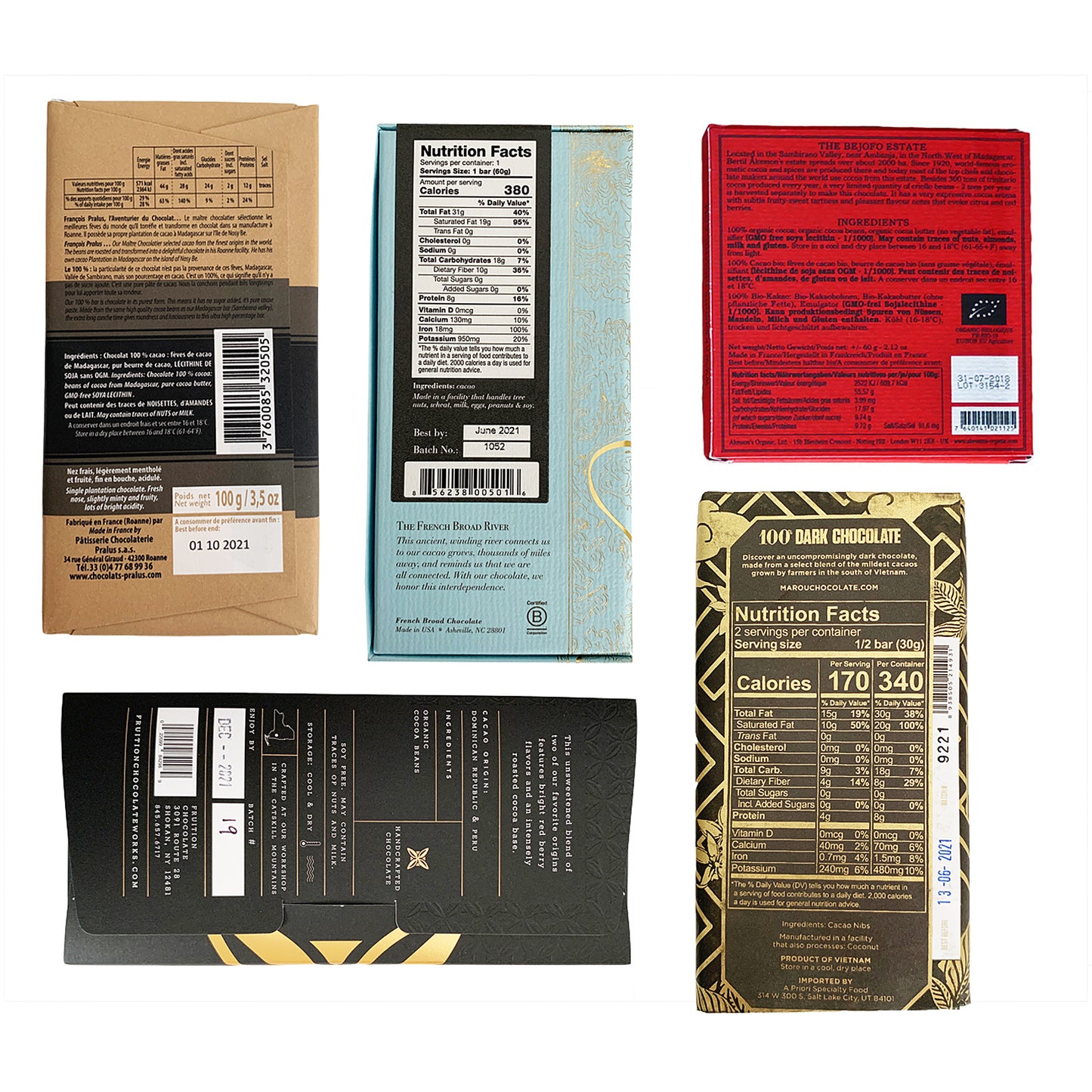Paquete de barra de chocolate amargo 100% cacao (paquete variado de 5)