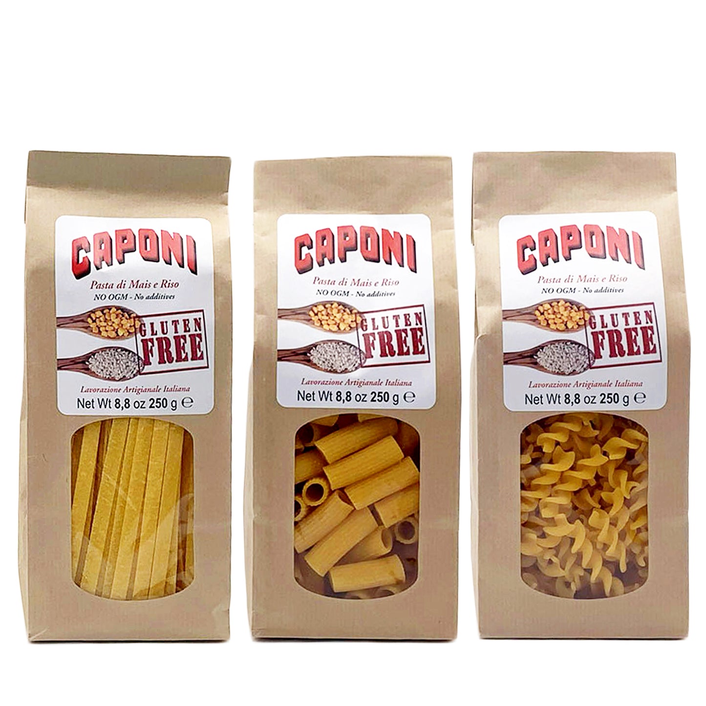 Caponi Gluten Free Pasta Variety Pack of 3 - Tagliatelle, Maccheroni + Fusilli