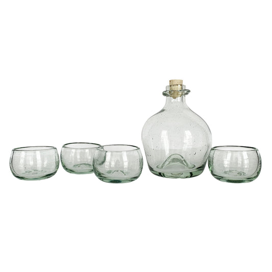 Handblown Glass Waspcatcher Bottle Set for Mezcal or Tequila | Includes 4 mezcal copitas | Handmade in Mexico | Handmade in Mexico (Available in Clear, Smoke + Amber)