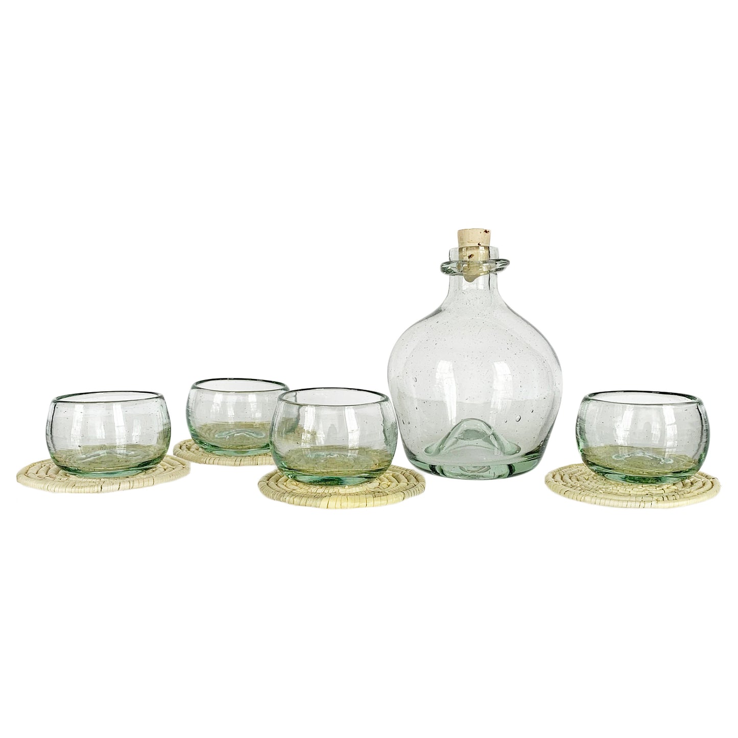 Hand Blown Mexican Glass Decanter Set for Mezcal or Tequila | Includes (1) Bottle + (4) Mezcal Copitas | Handmade in Mexico (Available in Clear, Smoke + Amber)