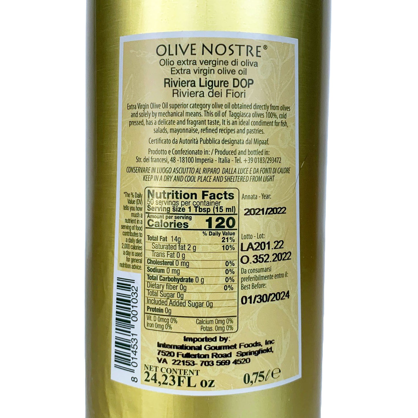 Frantoio di Sant'Agata d'Oneglia Olive Nostre Riviera Ligure DOP - Ligurian Extra Virgin Olive Oil made with 100% Taggiasca Olives 750ml