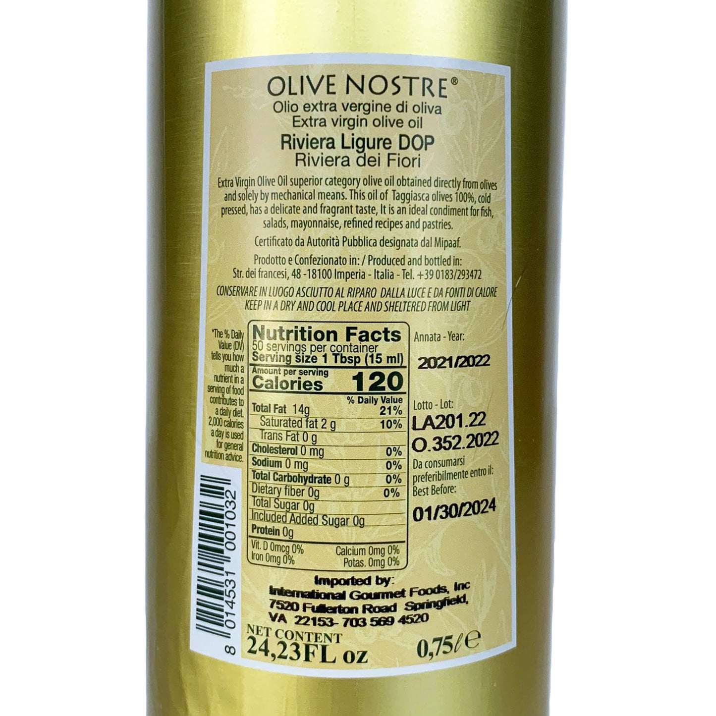 Frantoio di Sant'Agata d'Oneglia Olive Nostre Riviera Ligure DOP - Aceite de Oliva Virgen Extra de Liguria elaborado con 100% Aceitunas Taggiasca 750ml