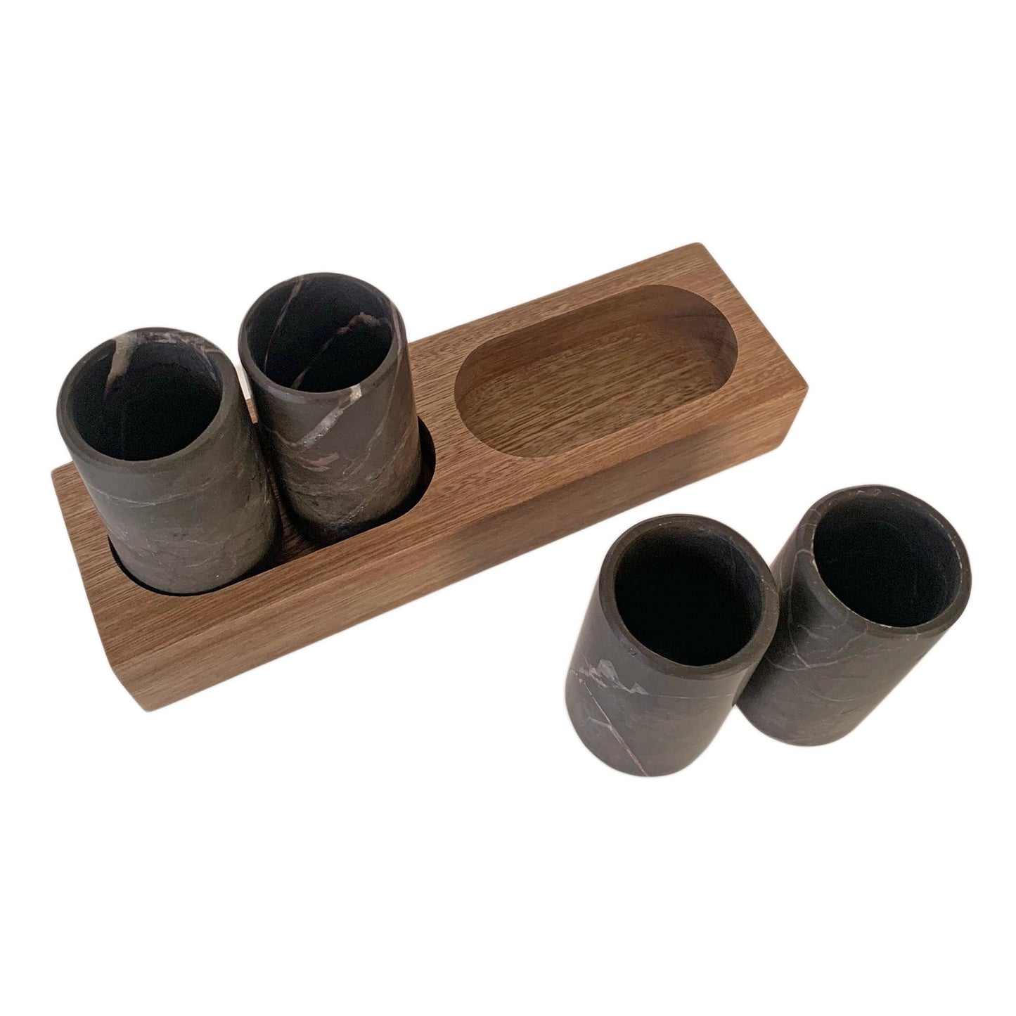 Vasos de chupito de tequila tallados a mano en mármol con base de madera - Hecho en México (disponible en gris o beige)