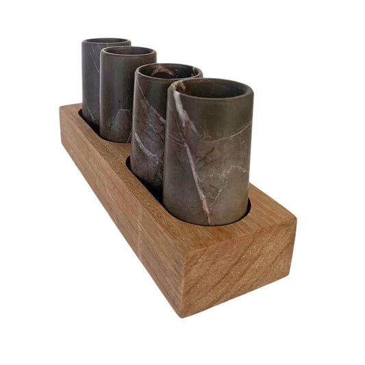 Tequila Shot Glasses Hand Carved out of Marble with Wooden Base - Made in Mexico (Available in Gray or Beige)