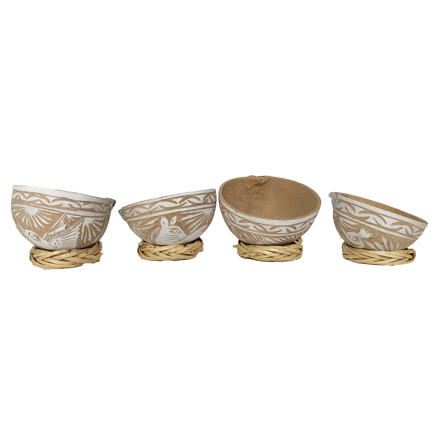 Mezcal Jicaras (White)- Hand-carved from Mexico with Natural Fiber Base