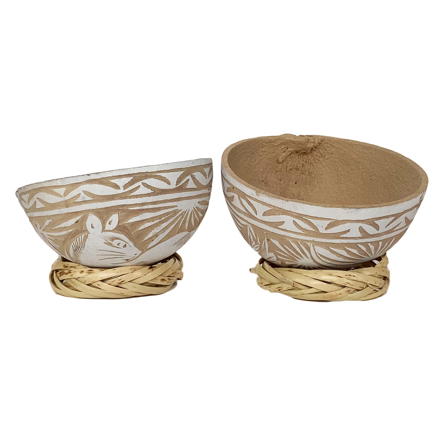 Mezcal Jicaras (White)- Hand-carved from Mexico with Natural Fiber Base