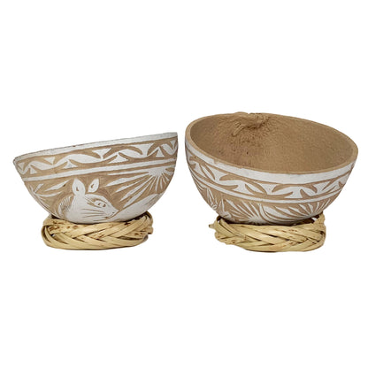 Mezcal Jicaras (White)- Hand-carved from Mexico with Natural Fiber Base