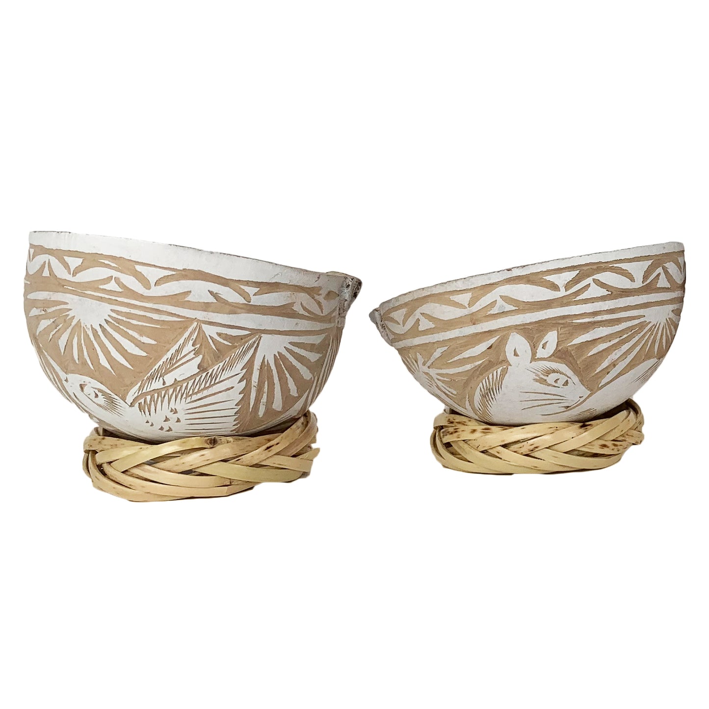 Mezcal Jicaras (White)- Hand-carved from Mexico with Natural Fiber Base
