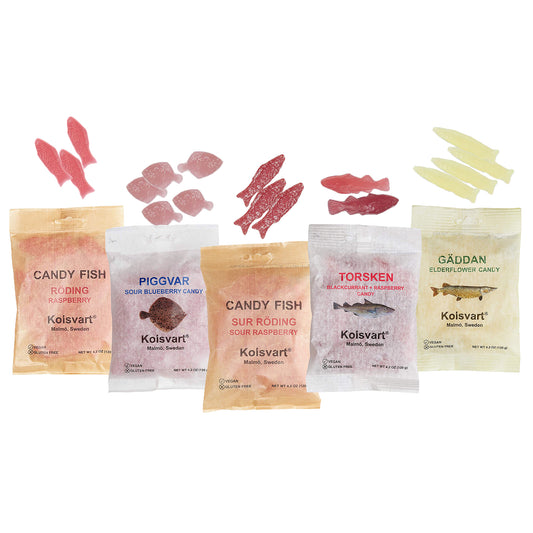 Kolsvart Swedish Fish Candy Variety Pack - Raspberry, Blackcurrant & Raspberry, Sour Blueberry, Sour Raspberry, Elderflower (Pack of 5)