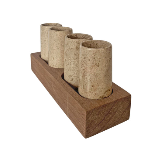 Tequila Shot Glasses Hand Carved out of Marble with Wooden Base - Made in Mexico (Available in Gray or Beige)