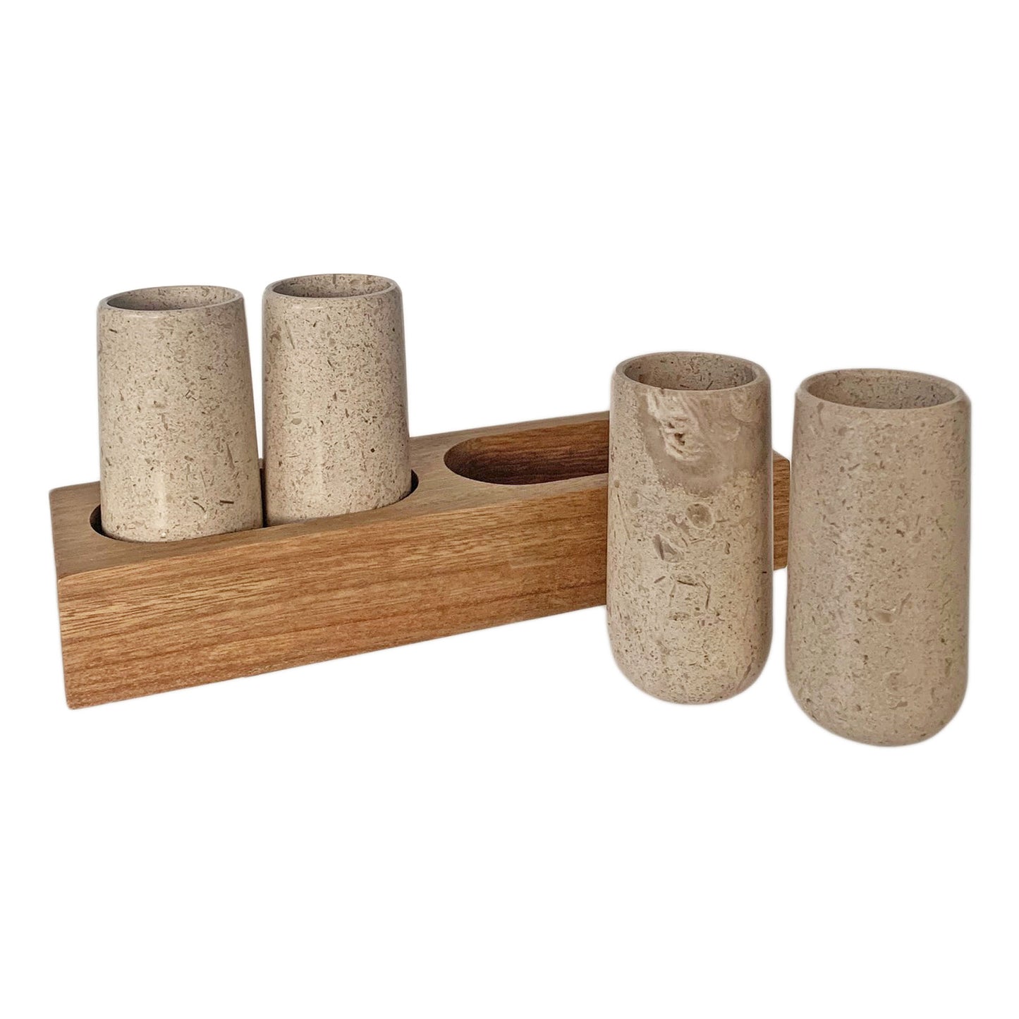 Vasos de chupito de tequila tallados a mano en mármol con base de madera - Hecho en México (disponible en gris o beige)