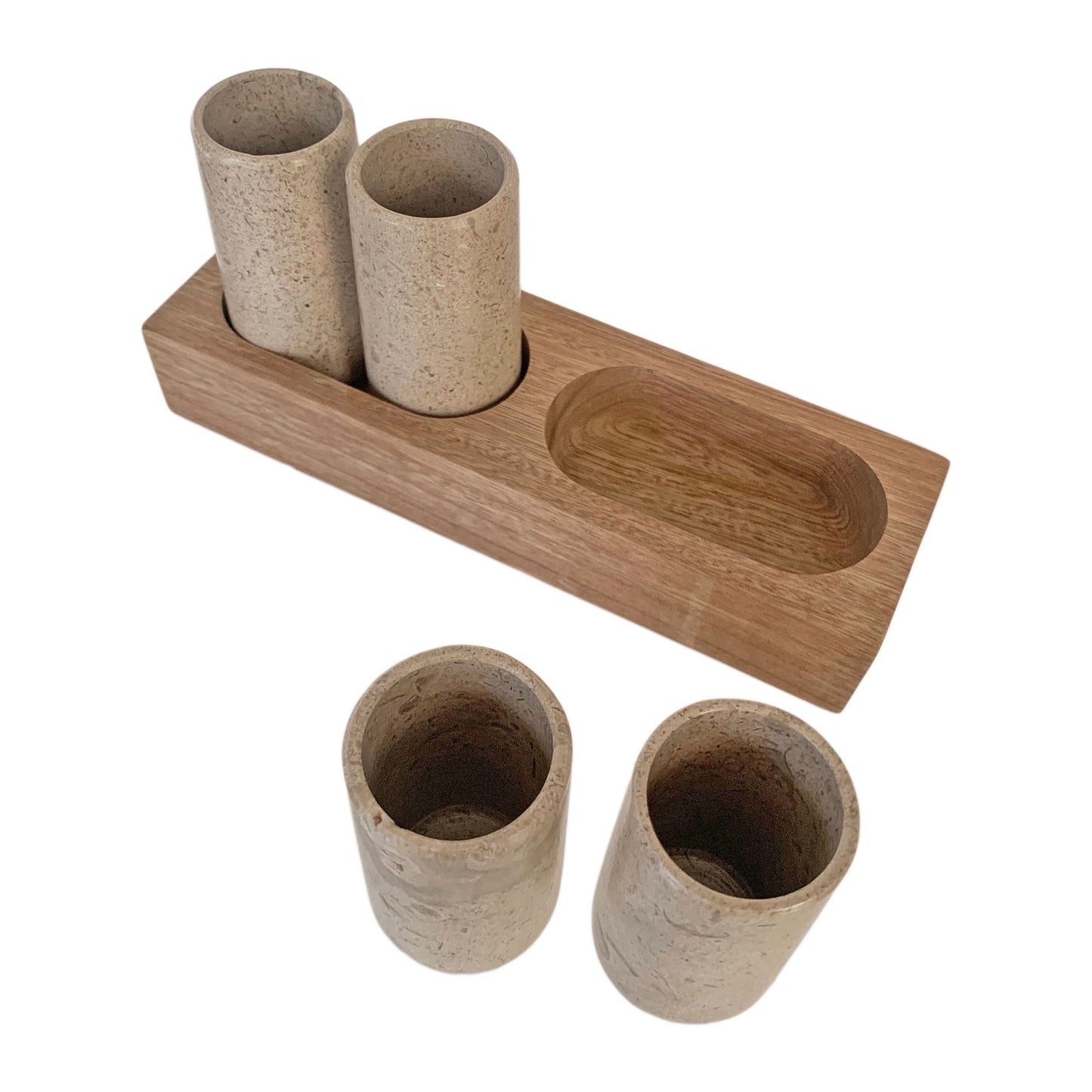 Vasos de chupito de tequila tallados a mano en mármol con base de madera - Hecho en México (disponible en gris o beige)