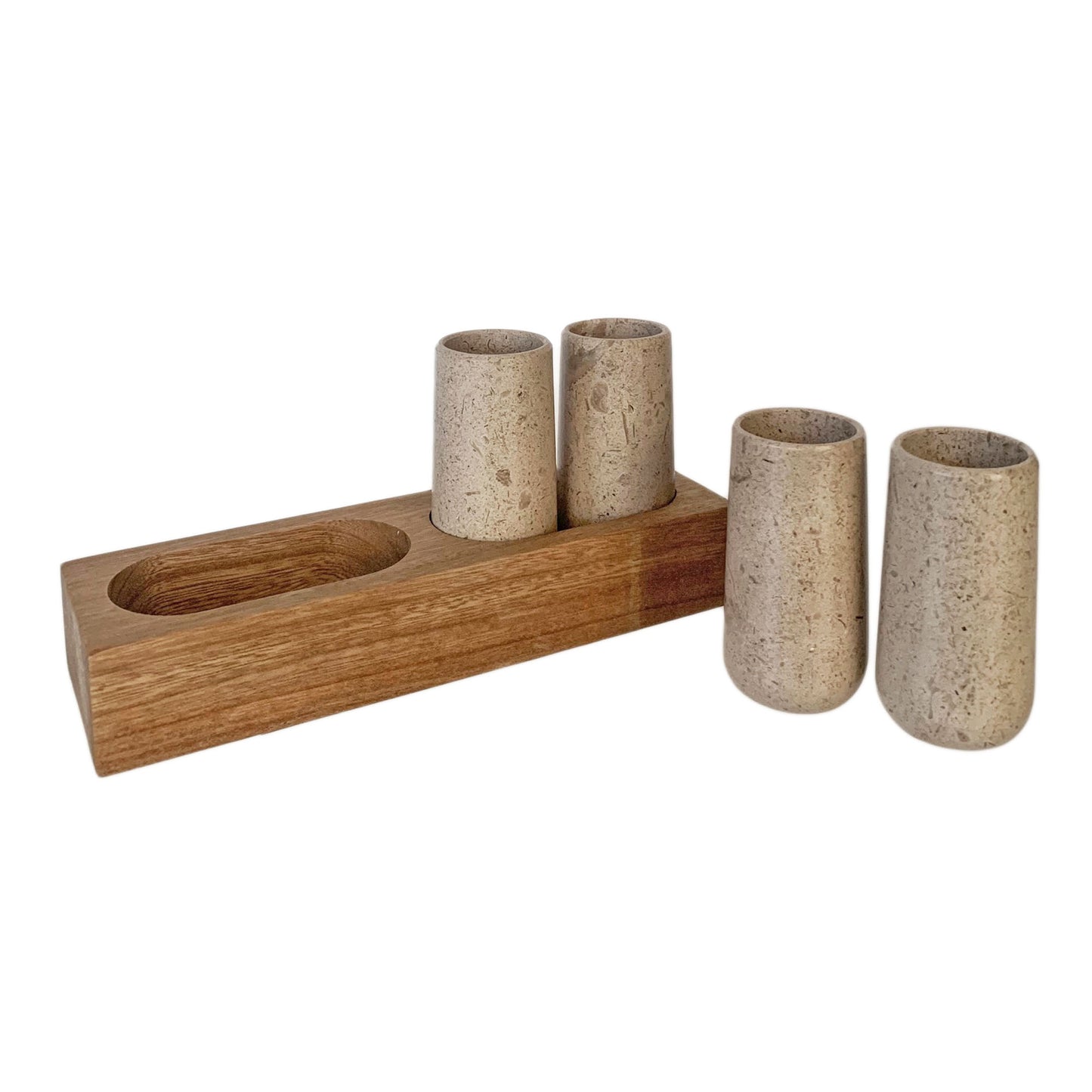 Vasos de chupito de tequila tallados a mano en mármol con base de madera - Hecho en México (disponible en gris o beige)