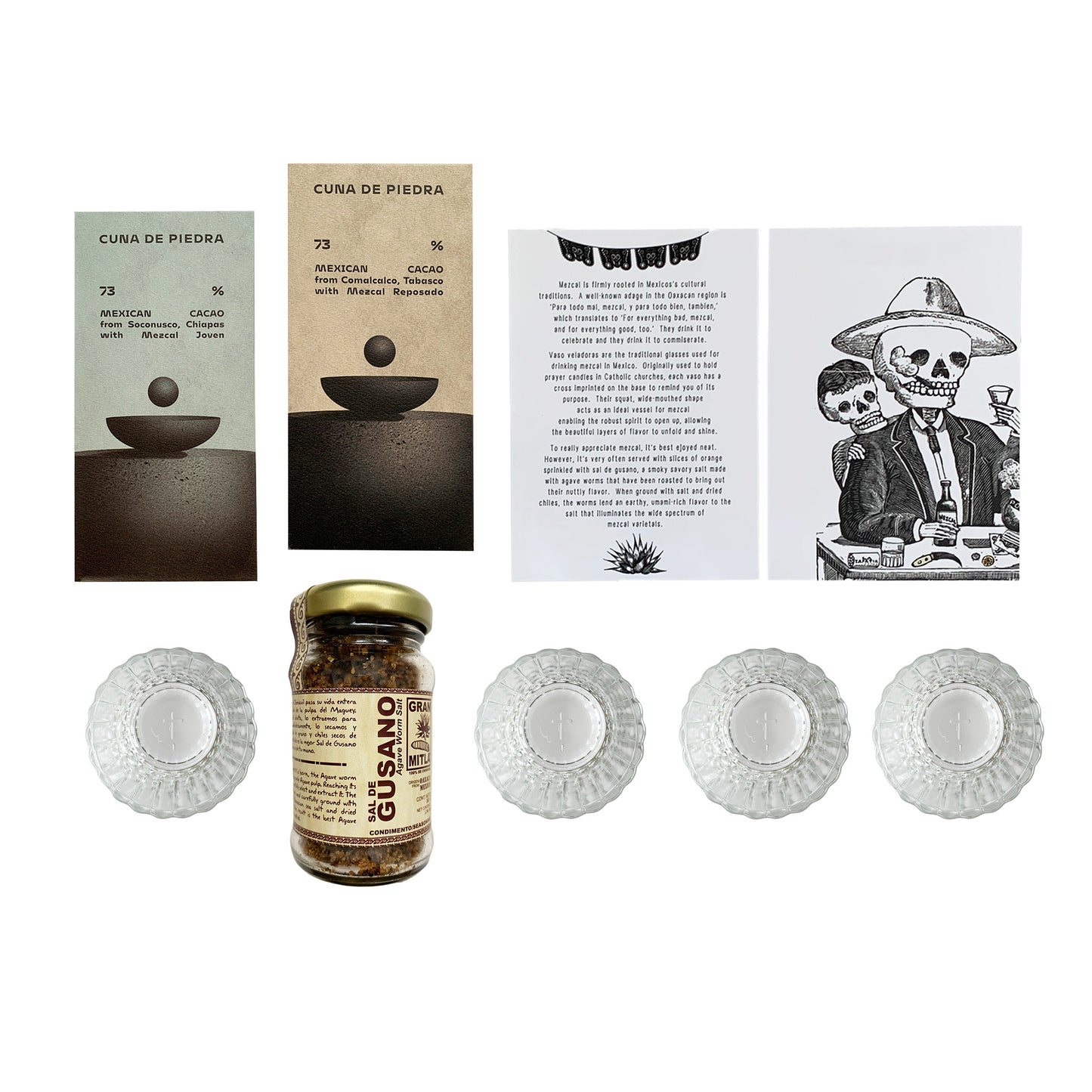 Mezcal Lover’s Gift Box - Includes Mezcal Glasses, Cuna de Piedra Mezcal Chocolate Bars, and Sal de Gusano (agave worm salt)