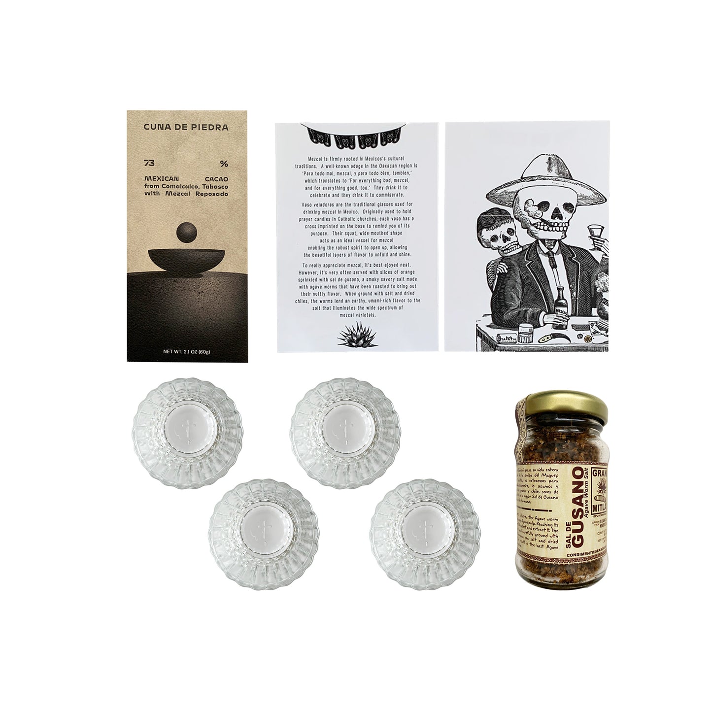 Mezcal Lover’s Gift Box - Includes Mezcal Glasses, Cuna de Piedra Mezcal Chocolate Bars, and Sal de Gusano (agave worm salt)