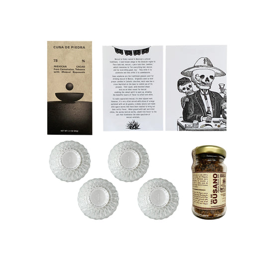 Mezcal Lover’s Gift Box - Includes Vaso Veladora Mezcal Glasses, Cuna de Piedra Mezcal Chocolate Bars, and Sal de Gusano (agave worm salt)