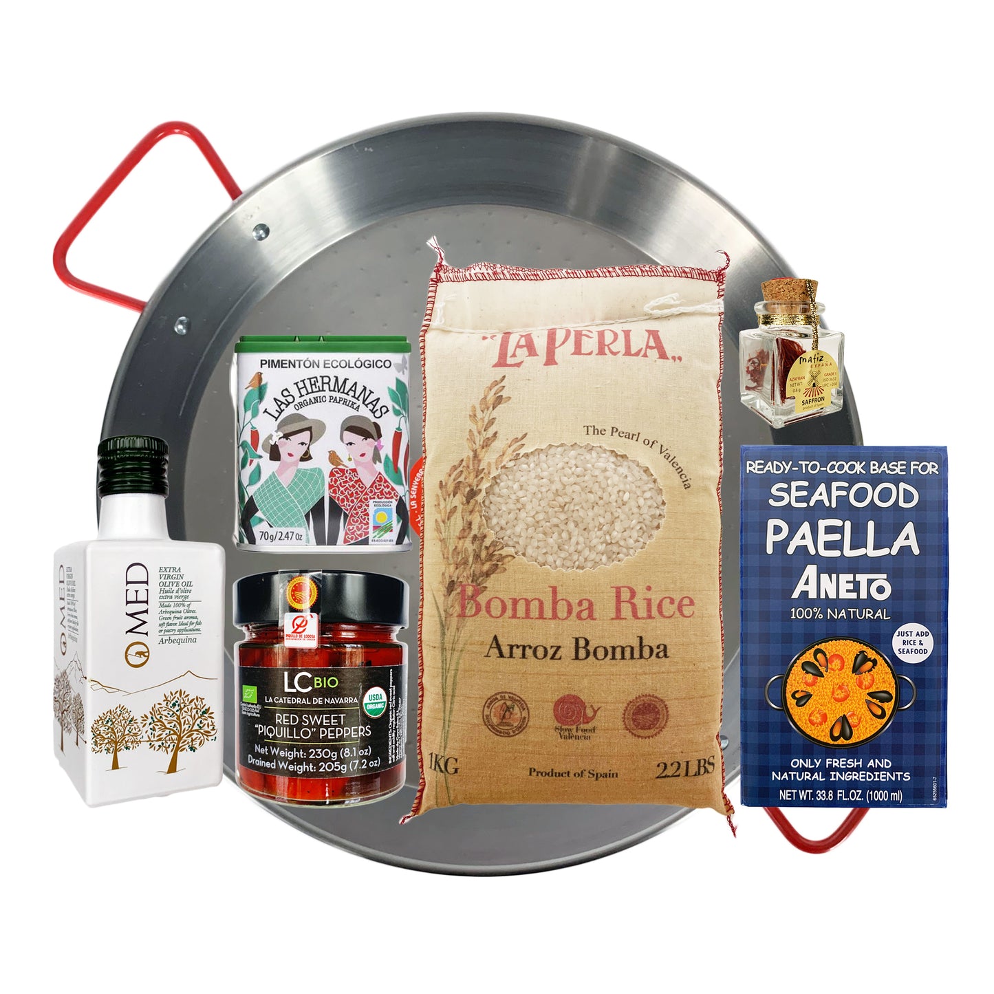 Kit de Paella con Sartén Esmaltada Negra (o Sartén Tradicional de Acero al Carbono) + Ingredientes Orgánicos Premium de España (7 Artículos)