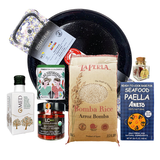 Kit de Paella con Sartén Esmaltada Negra (o Sartén Tradicional de Acero al Carbono) + Ingredientes Orgánicos Premium de España (7 Artículos)