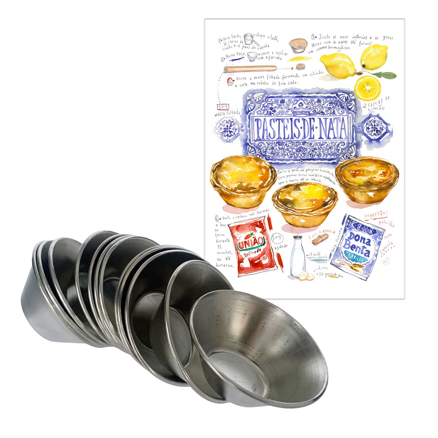 Pastel de Nata Tins (Egg Tart Tins) - Made in Portugal out of Galvanized Steel - Includes Pastéis de Nata Print Postcard and Downloadable Recipe - Set of 12