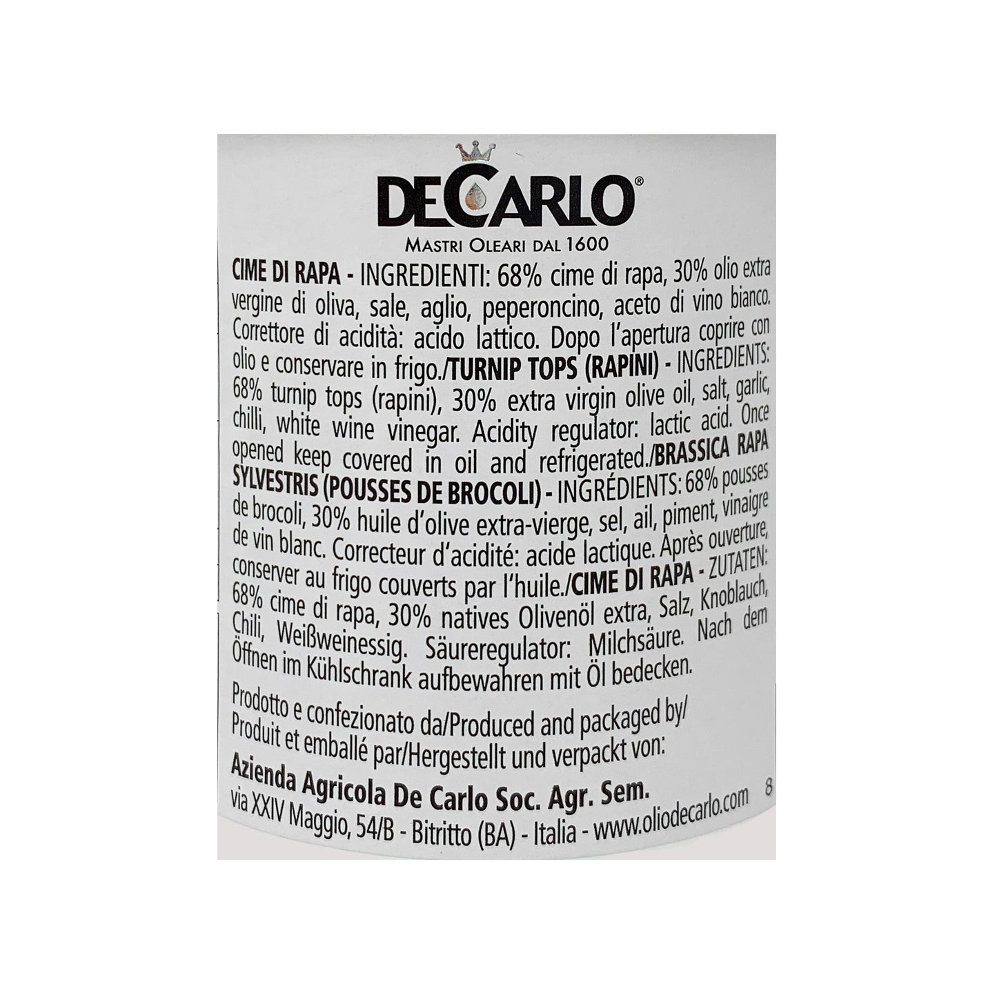 DeCarlo Cime di Rapa (Rapini Preserved in Extra Virgin Olive Oil) 190g