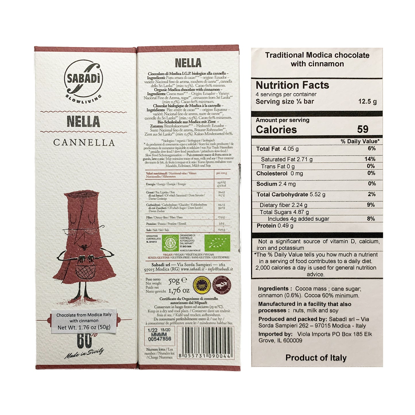 Sabadi Chocolate Modica Orgánico con Canela 1.76 oz